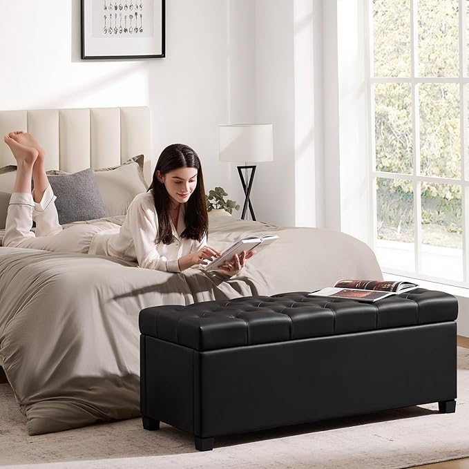 kinmars 47.2" Ottoman with Storage, Storage Ottoman Bench with Safety Hinge,Tufted End of Bed Bench, Upholstered Entryway Bench for Bedroom, Living Room & Window (Black-Upgraded Version)