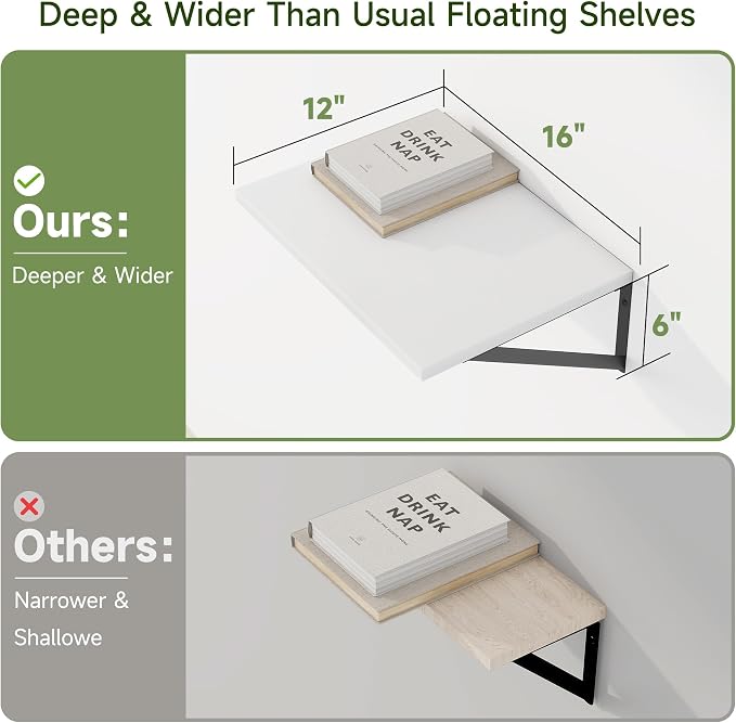 Heimlove 12 Inch Deep Floating Shelves for Wall, 16W x 12D Wide White Floating Shelves Heavy Duty Wall Mounted Shelves, Wood Wall Shelves for Living Room Bedroom Bathroom Kitchen- Set of 4