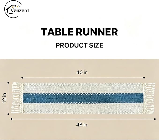 Blue Boho Table Runner for Home Decor with Tassels 72 Inches Farmhouse Rustic Table Runner Macrame Burlap Table Decoration for Living Room Bridal Shower(12x48 Inches, Fringe Included)