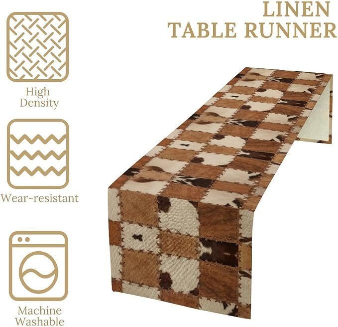 Western Style Cowhide Table Runner,Leather Animal Hair Vintage Splicing Grid Pattern Table Runner for Coffee Table Dining Room Table Bedroom Party Holiday Decor 13x108inch