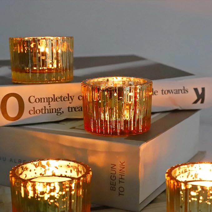 VOHO 24pcs Gold Votive Candle Holders for Christmas Decorations, Tea Lights Candle Holder Gold Centerpieces for Table, Small Ribbed Candle Holder for Tea Lights Candles(2'' x 1.4'')