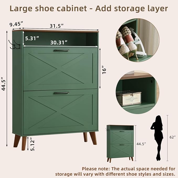 Joaxswe Shoe Cabinet Storage for Entryway with 2 Flip Drawers 2 Hook Open Storage Layer Rack Narrow Organizer Slim Hidden Wood Shoe Cabinet Furniture Dark Green