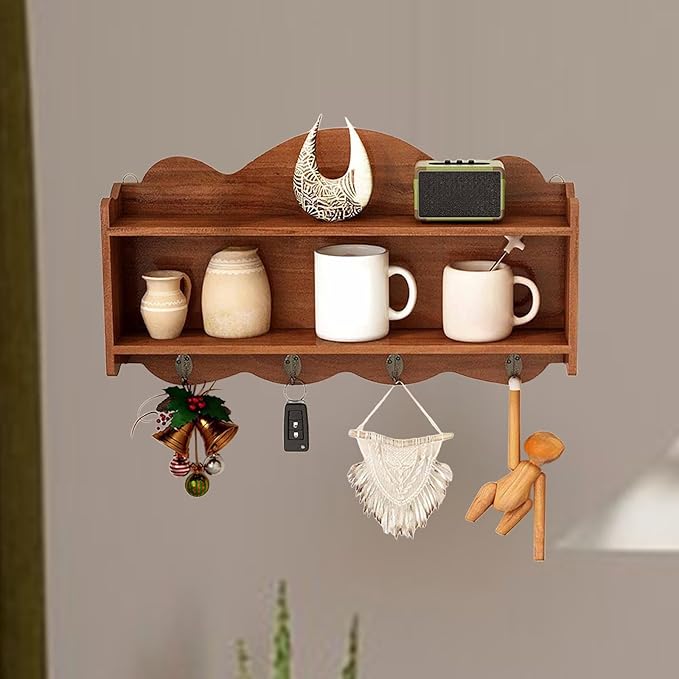 Kitchen Shelves Double-Layer Rack with Hooks Multi-use Practical Ornaments Display Stand Antique Shelf for Bedroom Entryway, Brown