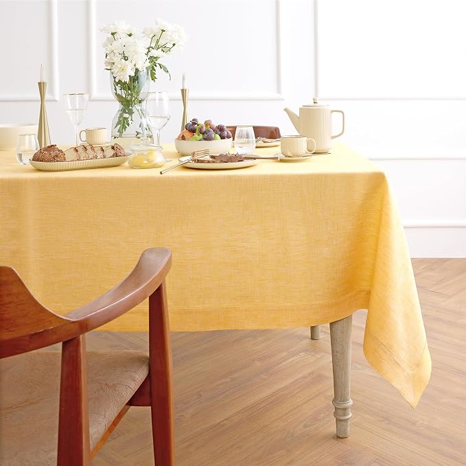 Solino Home Linen Tablecloth 60 x 132 Inch - 100% Pure Linen Chambray Mustard Yellow Table Cloth for Rectangular Tables - Athena, Machine Washable Cloth Tablecloth for Summer
