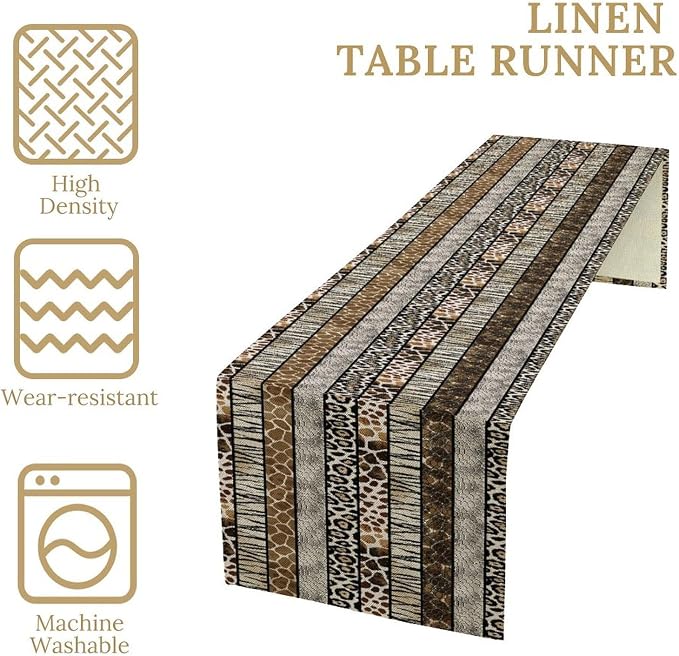 Animals Table Runner,African Wildlife Fierce Leopard Tiger Fur White Brown Zebra Skin Pattern Table Runner for Coffee Table Dining Room Table Bedroom Party Holiday Decor 13x60inch