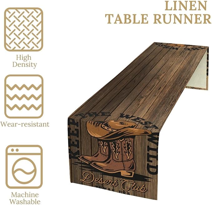 Rustic Western Table Runner, Wild West Cowboy Hat Boot Wooden Design Farmhouse Country Table Runner for Kitchen Dining Party, 13x90 Inch
