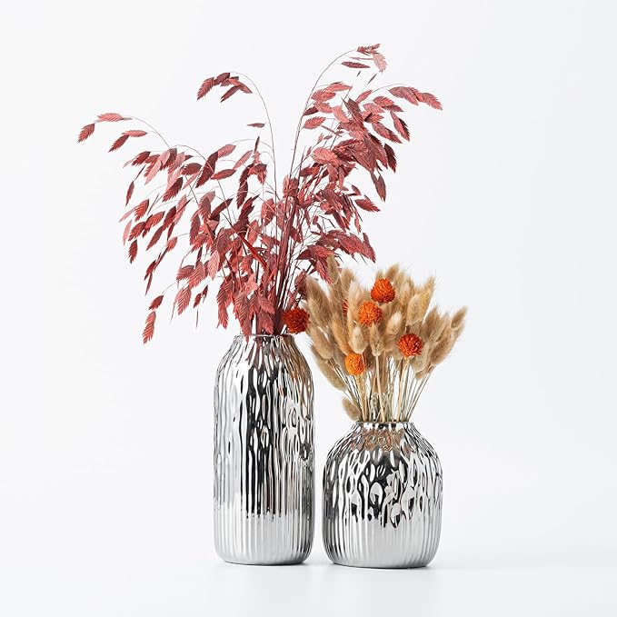 White Ceramic Flower Vase Set of 2, Porcelain Cylindrical Dried Flowers Holder, Decorating for Drawing Room/Table/Study/Office Entryway, Modern Simple Boho Style (Silvery)