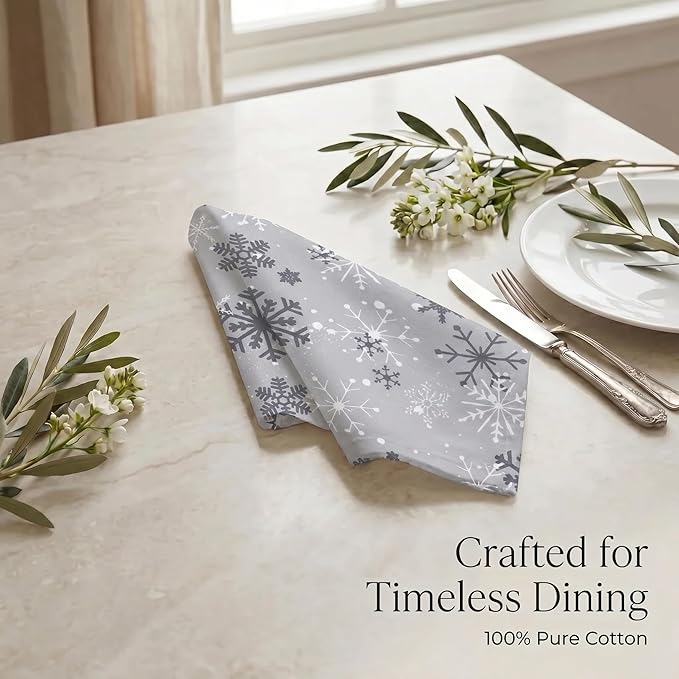 Urban Villa Cloth Napkins 100% Cotton Highly Absorbent Washable Reusable Premium Dinner Napkins Ideal for Gifts for Mothers Day Hotel Farmhouse Parties - Grey Snow Flakes (20" x 20", Set of 12)