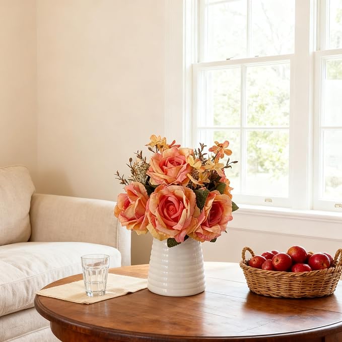 Artificial Rose Bouquet in White Ceramic Vase, Orange Silk Flowers with Decorative Leaves, Realistic Floral Arrangement for Home Decor