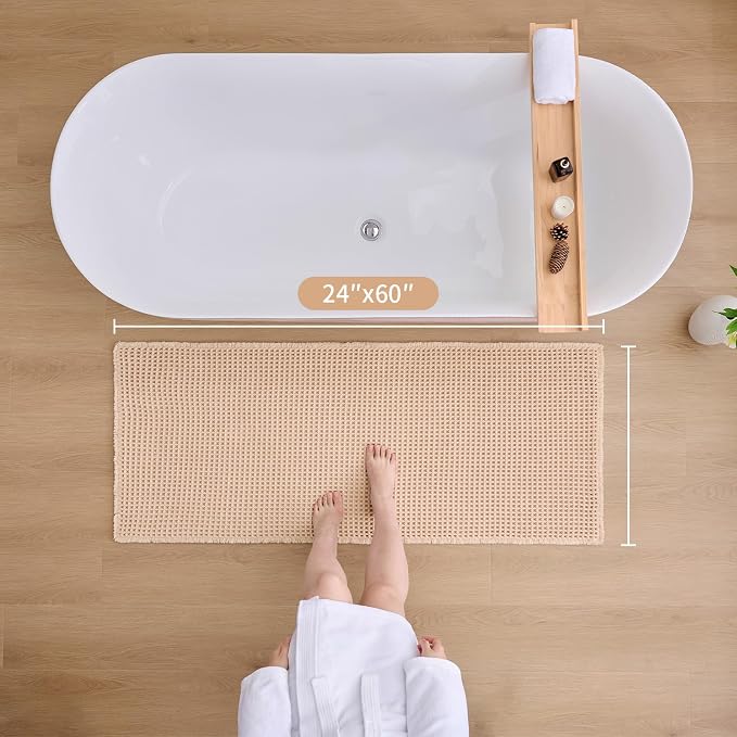 ILANGO Upgraded Waffle Bathroom Runner Rugs,Super Absorbent Boho Non Slip Bathroom Mats Quick Dry,Ultra Soft Machine Washable Mat with Tassels for Hallway,24x60,Beige
