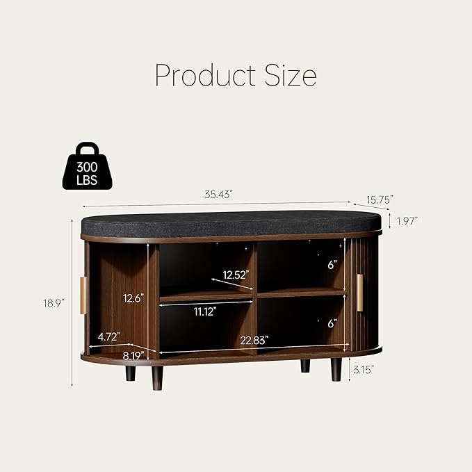 DHH 2-Tier Storage Bench,Wide Shoe Bench with Thickened Padded Seat Cushion, Mid Century Modern Fluted Sliding Door and Adjustable Shelf, for Entryway, Living Room, Bedroom (Walnut, 35.4“)