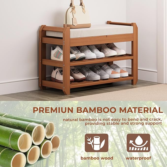 27.6" Bamboo Shoe Bench with Cushion, 5 Hooks Coat Rack, 2-Tier Storage Bench for Entryway, Heavy Duty Shoe Rack Organizer with Removable Soft Cushion for Living Room Bedroom Hallway