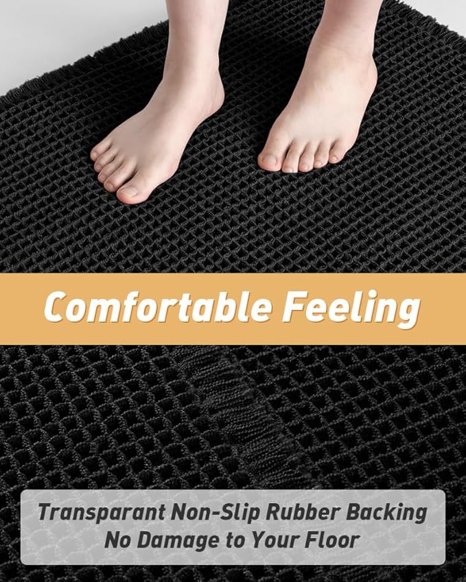 AMOAMI Upgraded Waffle Bath Mat, Super Absorbent Non Slip Bath Mats for Bathroom Floor, Machine Washable Bathroom Rugs with Tassels, Rubber Backed Bathroom Mats, Ultra Soft, 20" x 32", Black