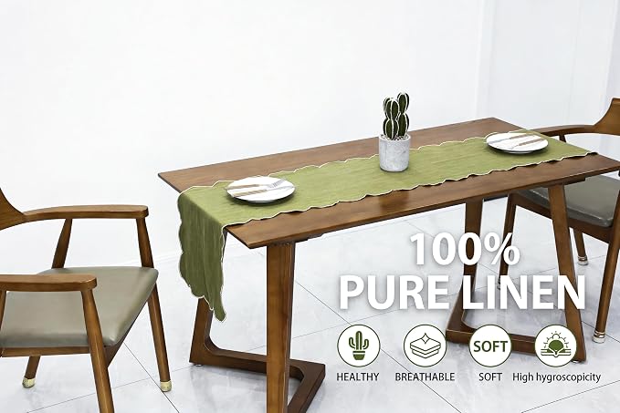 100% Natural Linen Rustic Scalloped Embroidery Table Runner 48 Inches, Linen Table Runner 14 x 48 Inch Ideal for Dresser and Dining Tables Decor, 2-4 Sets, 14x48'',Olive Green(Edges-Gold)