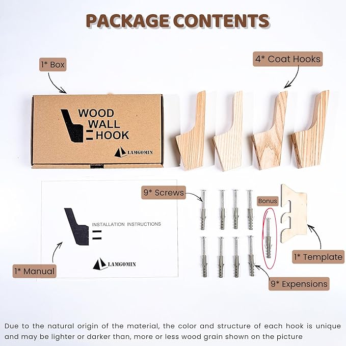 Wood Wall Hooks, 6 Pack Wood Coat Hooks, Minimalist Hat, Backpack, Jacket, Towel Hangers, Decorative Mounted Pegs, Durable Wall Hooks for Entryway, Bathroom and Kitchen (Ash)