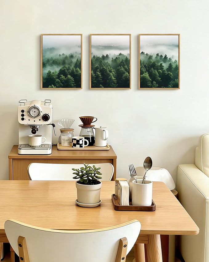 PHOPAGO Green Fog Pine Tree Framed Wall Art Nature Misty Nordic Forests Artwork Morden Paints Bedroom Living Room Home Decor - 11x14in Natural Framed