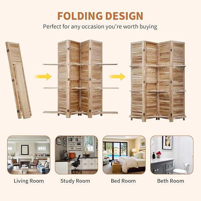 Room Divider 4 Panel Folding Wood 5.6 Ft Tall Privacy Screen Dividers Wall with Three Shelves Portable Partition (Natural)