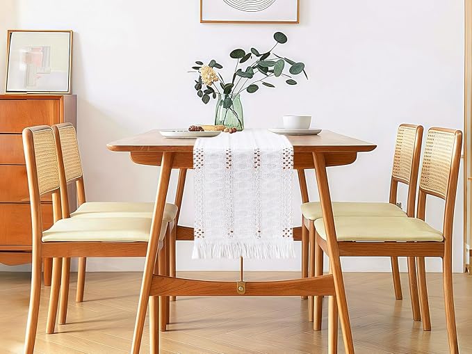 YATOJUZI White Table Runner Pure White Boho Table Runners with Tassels Seasonal Long Table Runner Rustic Farmhouse Table Runners for Christmas Centerpieces Dining Bedroom Kitchen Decor 12x95 Inches