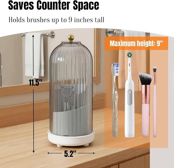 JEESA Dustproof Toothbrush Holder Organizer with Drainage, Grey | Sliding Door Cover, 360 Rotating, 3 Slots, Bathroom Countertop