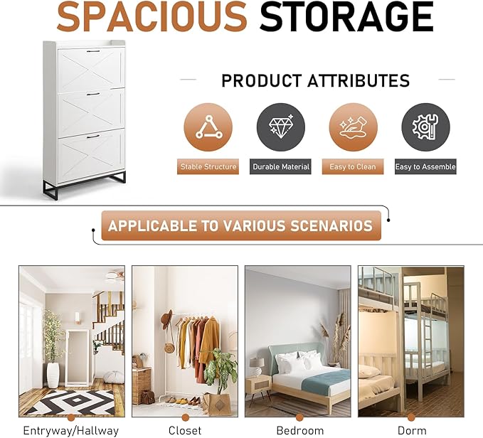 VINGLI Tall Farmhouse Shoe Cabinet with 3 Flip Drawers, Slim Entryway Shoe Storage Organizer with Metal Legs, Narrow Free Standing Wood Shoe Rack for 24 Pairs, Washed White (55" H)