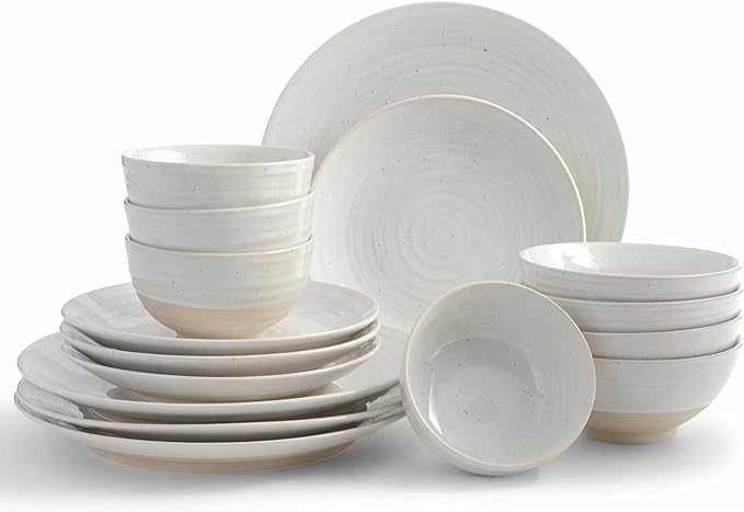 Sango Siterra 16-Piece Rustic White Stoneware Dinnerware Set – Service for 4, White with Glossy Speckle Overlay, for Everyday Dining & Entertainment, Microwave & Dishwasher Safe