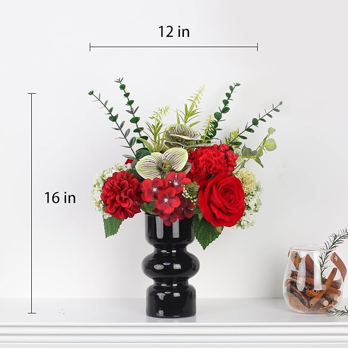 Artificial Flower in Black Glass vase, Red Roses,Carnations, Orchids, Artificial Roses in vase,11 x 11 x 16 inches (BGV-Red)