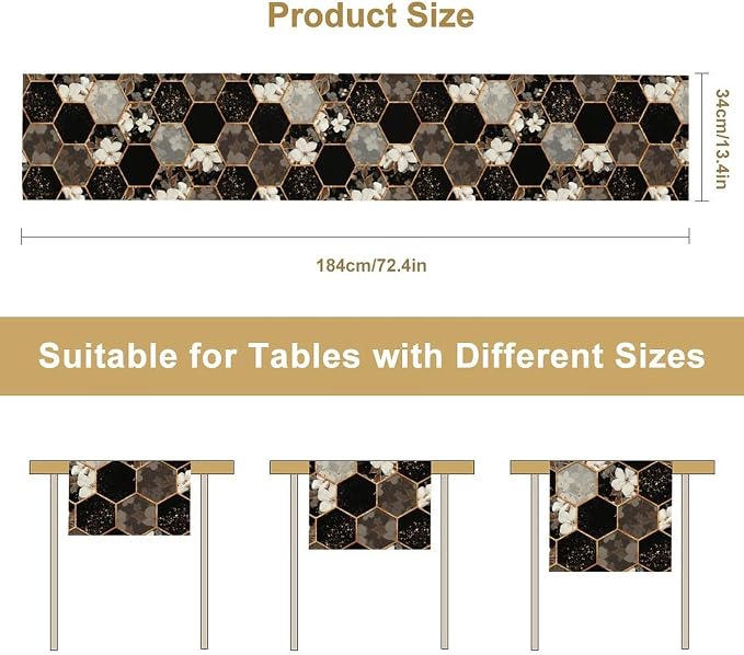 Geometric Marble Table Runner, Black Gold Hexagon White Flower Bloom Accent Table Runner for Kitchen Dining Party Wedding Decor, 13x120 Inch