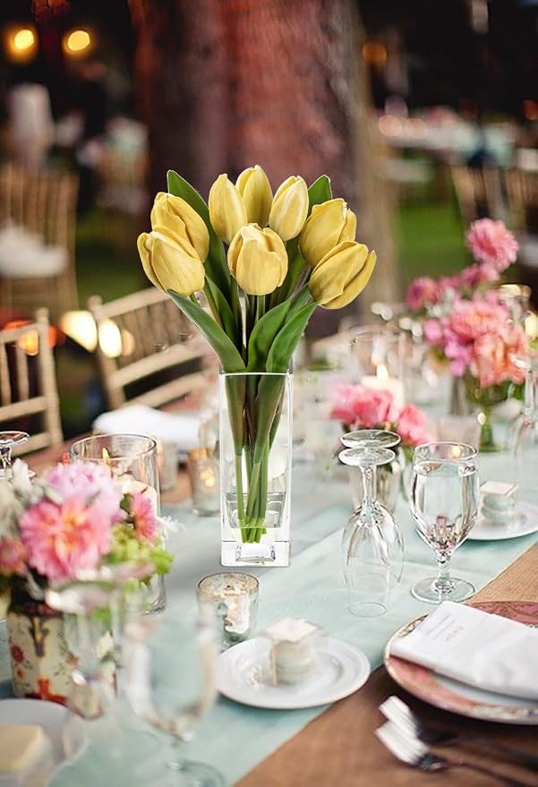 Briful Fake Flowers Artificial Tulip Flower Khaki in Clear Vase, Real Touch EVA Tulip Arrangement Suitable for Home Office Fall Decoration, Dining Table Centerpiece
