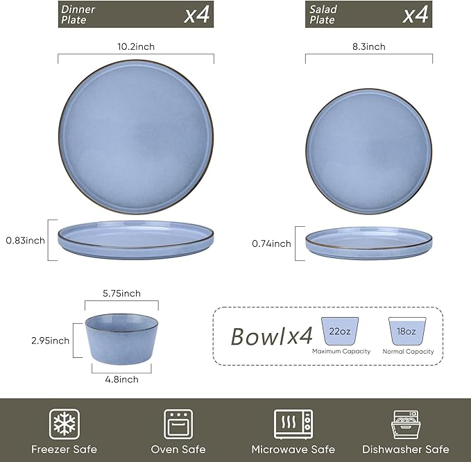 Herogo 12-Piece Stoneware Dinnerware Set for 4, Dinner Plates and Bowls Sets, Double Reactive Glaze Dishware Place Setting for Kitchen, Scratch Resistant, Microwave Safe, Haze Blue