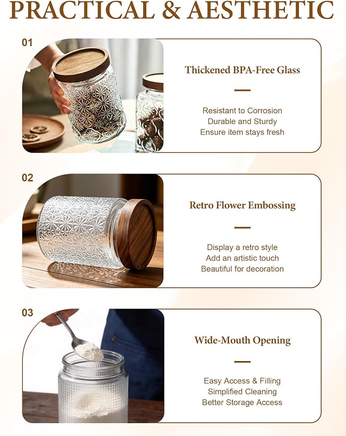 Vintage Glass Jars with Wood Lids - 34 OZ Airtight Storage Container for Kitchen Pantry Bathroom, Decorative Canisters for Coffee Beans, Brown Sugar, Cookie, Candy, Tea Bag, Dog Treat, Flour, Set of 2