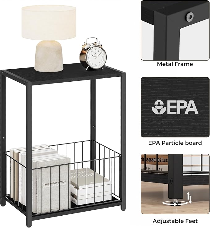 Homleke Side Table with Magazine Holder, Record Player Stand with LP Shelf, End Table for Living Room, Bedroom, or Bedside, Easy Assembly, 11" D x 16.9" W x 23.6" H, Black