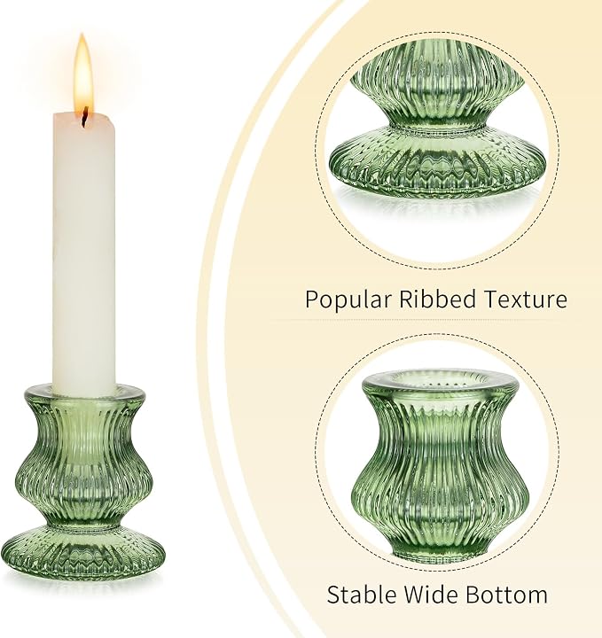 Romadedi Glass Candle Holders for Candlestick - 2 Pcs Green Ribbed Tapered Candle Holder Decor for Table Centerpiece Christmas Party Living Room Dinner Advent