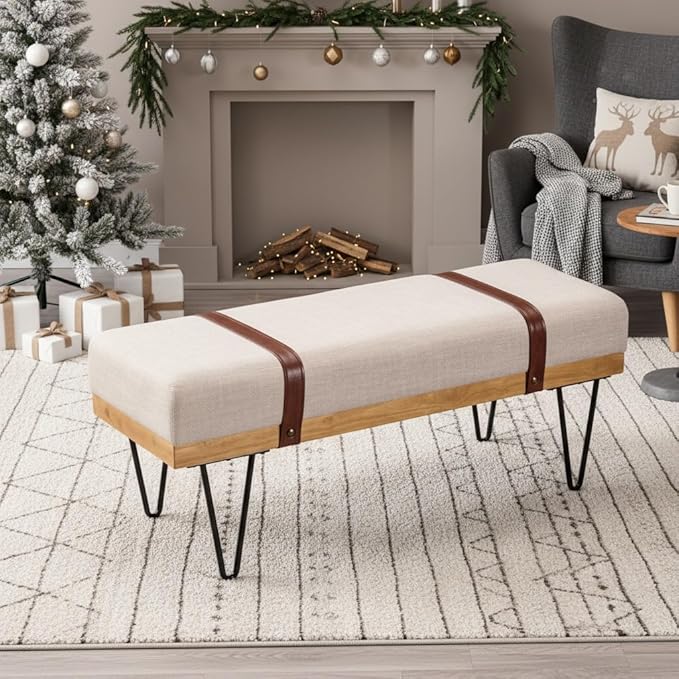 LukeAlon 44" Upholstered Storage Bench, Modern Linen Ottoman with Straps & Metal Hairpin Legs, Industrial Entryway Bench for Bedroom End of Bed, Living Room, Dining Room, Beige