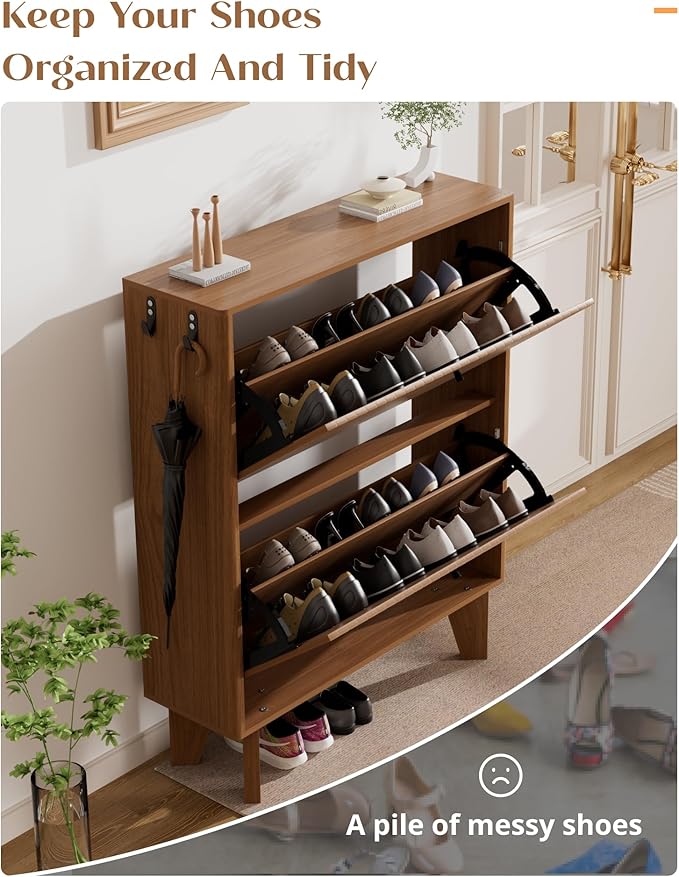 31.5" Shoe Cabinet Storage for Entryway with 2 Flip Drawers, Wood Fluted Narrow Shoe Cabinet for Hallway, Walnut