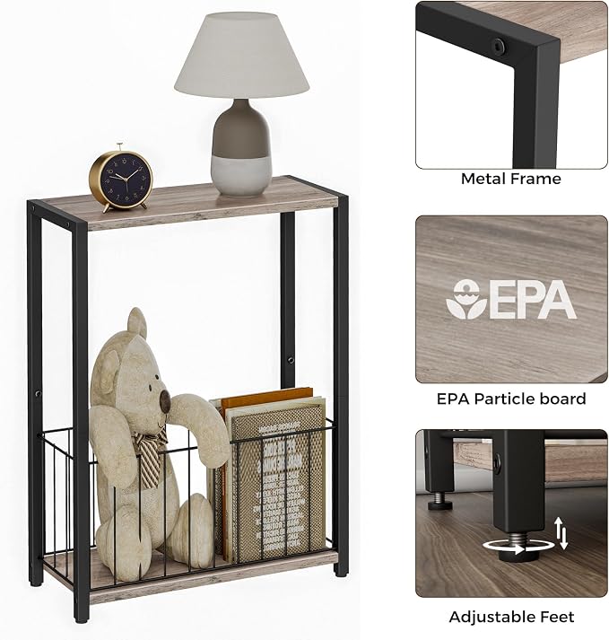 Homleke Narrow Side Tables Set of 2 with Magazine Holder, Skinny End Tables Perfect for Small Spaces, Space-Saving Design for Living Room, Bedroom, or Office, 7.1" D x 16.9" W x 23.6" H, Greige