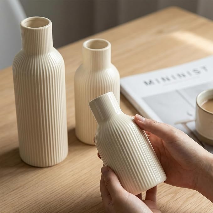 Glossy Beige Ceramic Vases Set of 3, Matte Round with 3D Ribbed Texture, Nordic Minimalist for Pampas Grass, Dried & Fresh Flowers, Centerpiece for Living Room, Shelf, Entryway, Wedding
