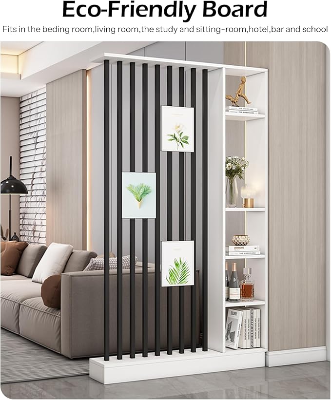 Wall Room Divider, Storage Cabinet Storage Display with Shelves, Modern Freestanding Wood Room Divider Screen, Wall Privacy Screens for Home Decorative (White+Black,55" L x 9.5" W x 79.5" H)