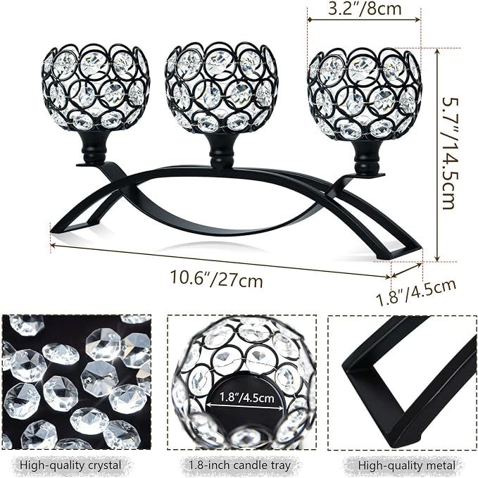 Crystal Tealight Candle Holder Centerpiece Home Decorative Candlestick Holder Elegant Table Centerpiece Home Decor Wedding Party Anniversary (Black, 3 Arm of 4 Pcs)