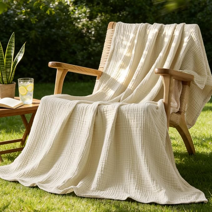 BEDELITE 100% Cotton Muslin Blankets for Adults - 4-Layer Large Throw Breathable and Lightweight Gauze Blanket for Couch, Bed, Travel and Summer, Soft & Cozy Gift for Women, Beige, 50"x70"