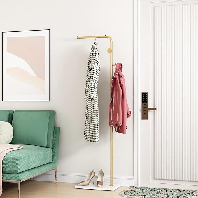 DR.IRON Modern Gold Coat Racks Freestanding Hall Coat Tree,Hat Racks with Marble Base & Coat Hanger with Umbrella for Entryway Hallway, Office or Bedroom