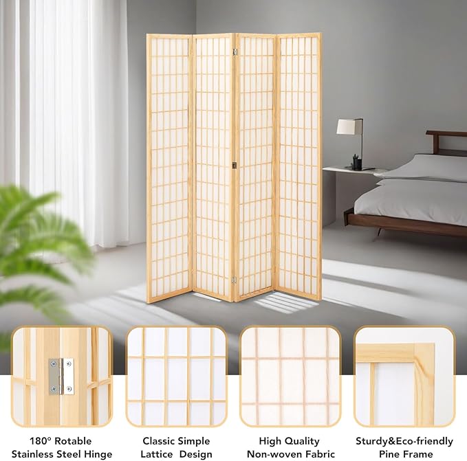 JOSTYLE Room Divider Wall 4 Panel, 6Ft Folding Privacy Screen for Room Separation, Shoji Screen Japanese Style Room Divider, Natural, 70.9" H x 69" W