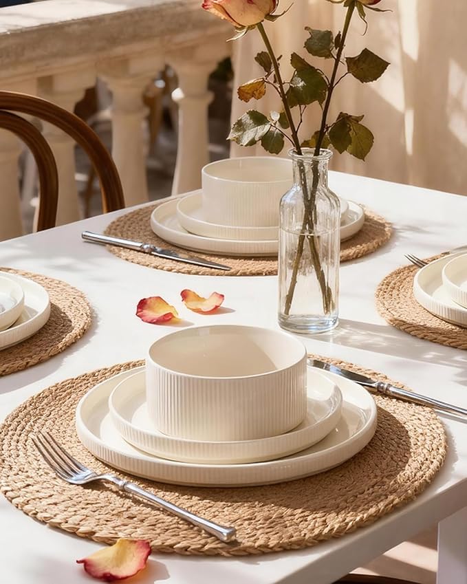 Star 18-Piece Plates and Bowls Set, Porcelain Dinnerware Sets for 6 Service, Modern Dish Set-Chip and Scratch Resistant, Dishwasher & Microwave Safe, Creamy White