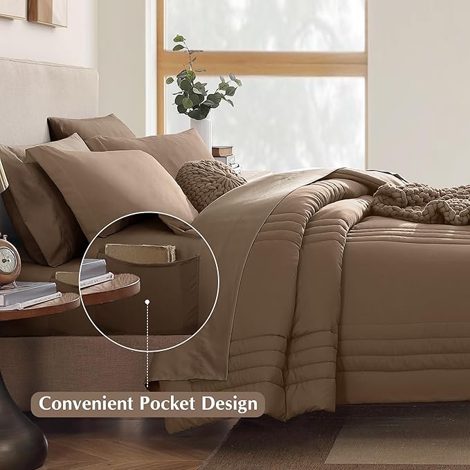 Monbix King Size Comforter Set - 7 Pieces Bed in a Bag King, Raw Umber King Bedding Sets with Comforter, All Seasons Comforter Bed Set with Sheets, Pillowcases & Shams