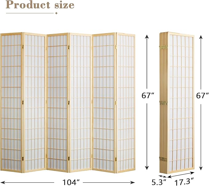 WelFurGeer 6 Panel Room Divider, Folding Privacy Shoji Screens, Room Partitions and Dividers, Decorative Room Dividers, Wall Dividers for Room Separation, Japanese Wood Room Divider for Home (Natural)