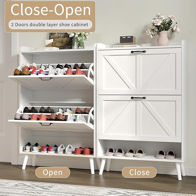 Shoe Cabinet with 2 Flip Drawers, Freestanding Shoe Storage Cabinet for Entryway, Farmhouse Shoe Organizer Cabinets with Wood Legs, Narrow Shoes Rack Cabinet, White