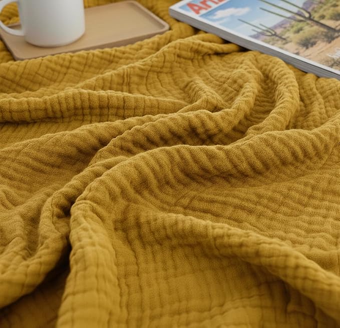KyraHome 100% Cotton Muslin Throw Blankets for Couch, 50"x60" Pre-Washed Plant Dyed, Breathable, Lightweight Summer Throw Blankets for Adults, Picnic, All Season, Mustard Yellow
