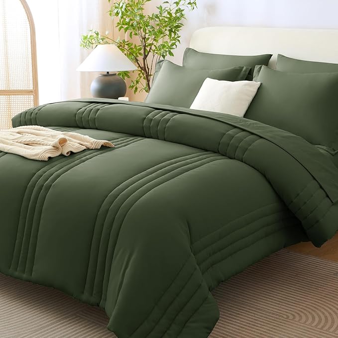 CozyLux King Size Comforter Sets - 7 Piece Bed in a Bag Olive Green Comforter Set with Sheets Luxury Bed Set All Seasons, Soft Bedding Set with Down Alternative Comforter, Sheets, Pillowcases & Shams