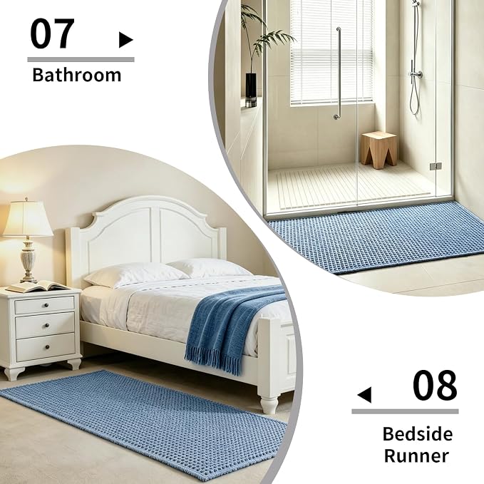 Disolla Waffle Bath Mat, Non Slip Absorbent Bathroom Runner Rug, Washable Quick Dry Ultra Soft Long Bathroom Floor Mat, Large Blue & White Bath Rug for Tub Shower, 24''x59''