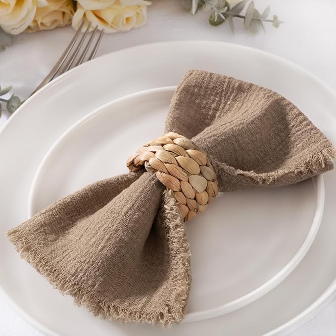 MLMC 10 Pack Nude Cloth Napkins with Fringe Boho Linen Napkins Washable Reusable Rustic Dinner Table Decor 17"×17" for Wedding Party Bridal Baby Shower Home Decor