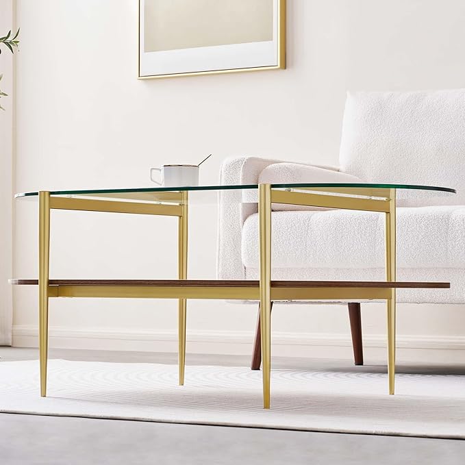 LumFurn Oval Glass Coffee Table, Mid-Century Modern Design, L41 x W21 x H17 inch, for Living Room, 2-Tier Structure, Clear Glass Top and Walnut Finish Wood Shelf, Conical Legs with Gold Finish Frame